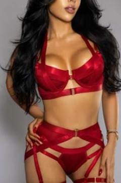 Melissa thumbnail - long black hair and red strappy lingerie